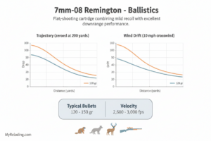 7mm-08 Remington cartridge with ballistic data chart