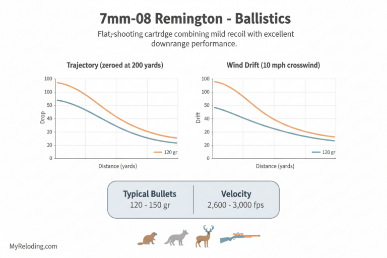 7mm-08 Remington cartridge with ballistic data chart
